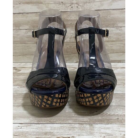 Clarks Heels Womens Size 9M Navy Patent Leather Strappy Wedge Sandals - Picture 3 of 16